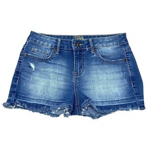 True Craft Denim Shorts Frayed Hem Distressed Blue Wash Juniors Size 1 Short